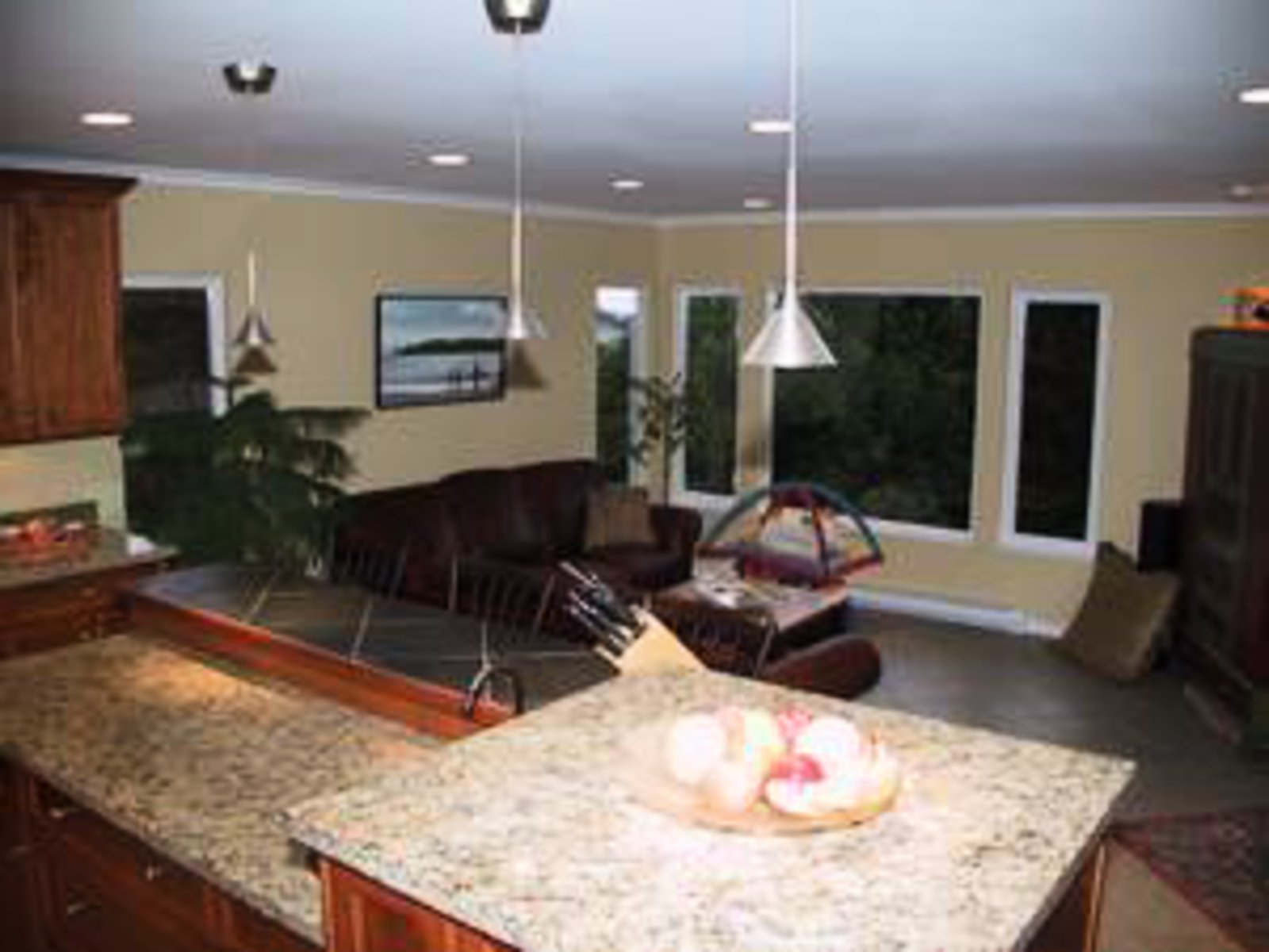 Kitchen Granite countertops, halogen and pot lighting connecting to spacious family room