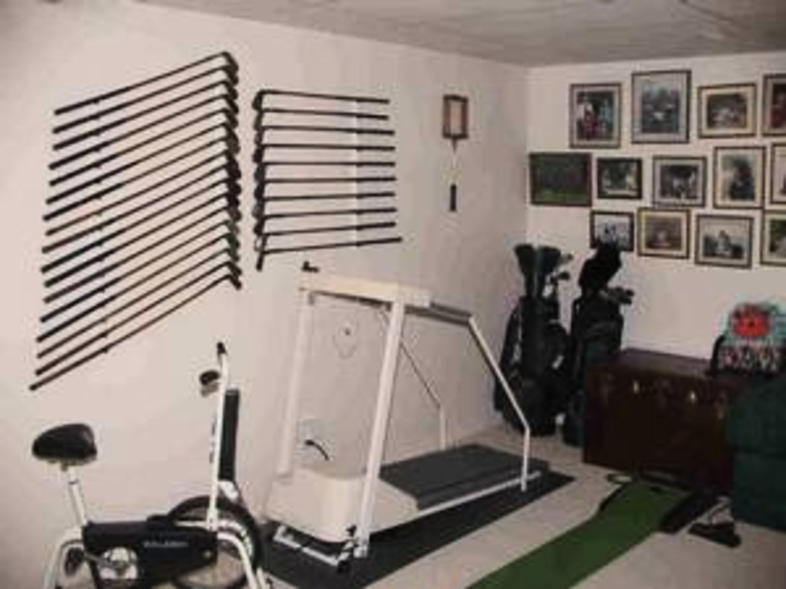 Exercise Room Lower level with built-in bookcases.